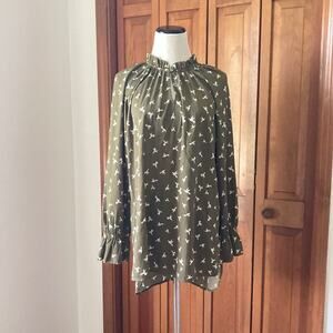 Kaari Blue Green Bird Print Pullover Top, Size M